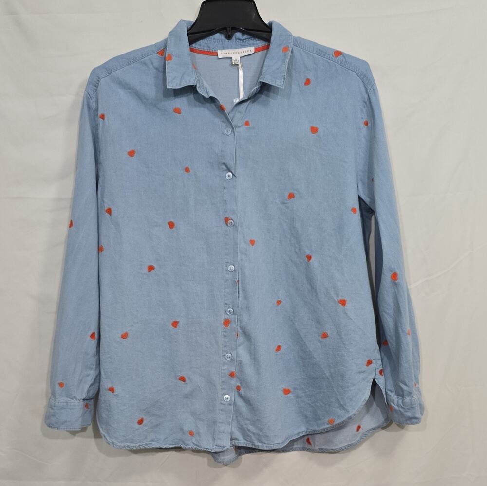 Jane + Delancey Womens XL Blue Denim Heart Embroidered Collared Roll Tab Shirt